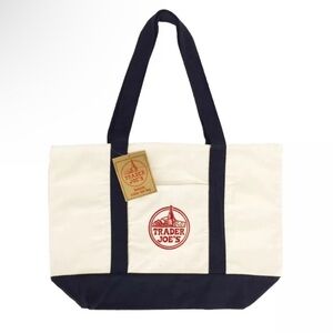 TWO BAGS- Trader Joe's Reusable Canvas Eco Tote Bag Heavy Duty Bag Blue White